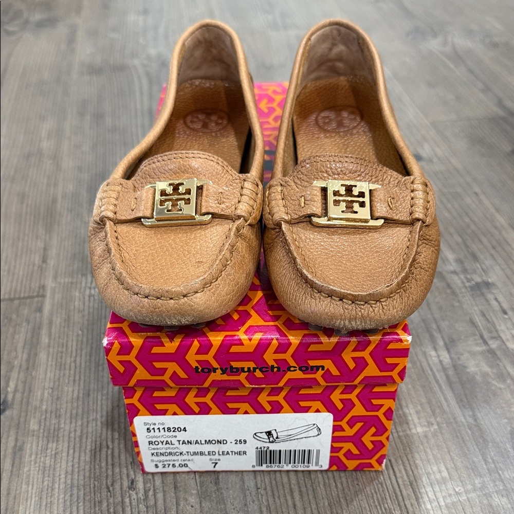 Tory Burch Royal Tan Almond Leather Driving Loafers with Gold Logo